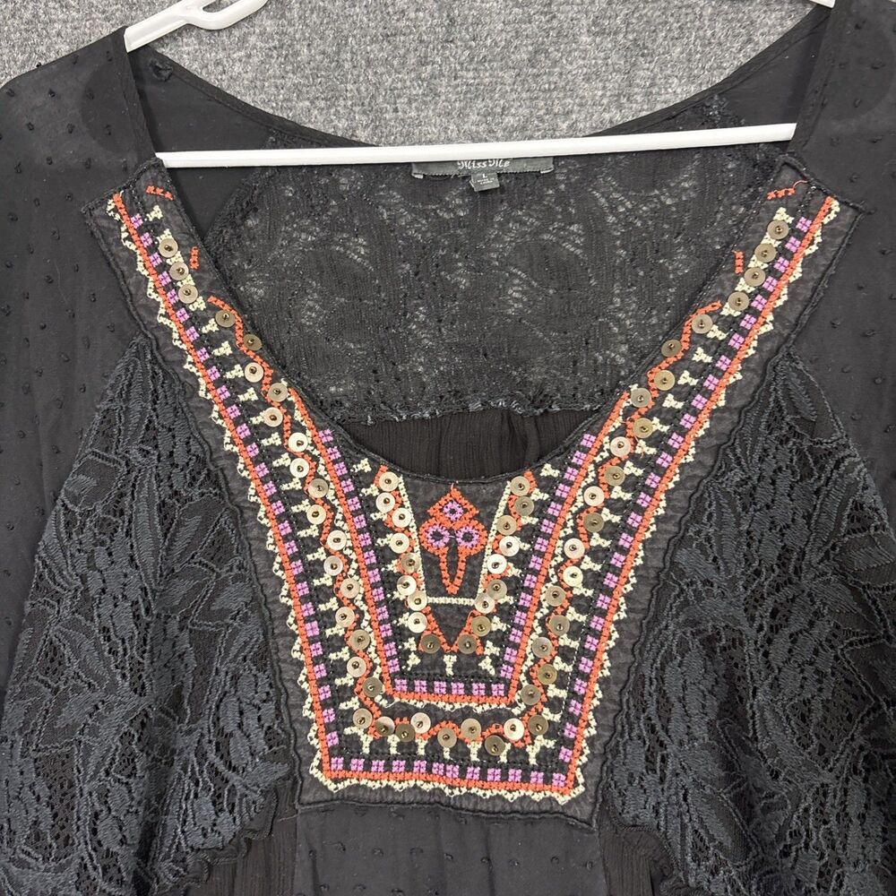 Mis Me Top Blouse Womens L Black Sequins Embroidery Tunic Whimsigoth Boho - Picture 4 of 9